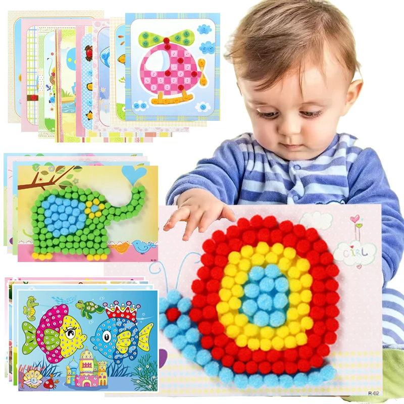 Children DIY Stickers Toys Button/Pompom/Diamond Early Education Kids Puzzle Handmade Creative Painting 3-6 Years Old Gifts TMZ