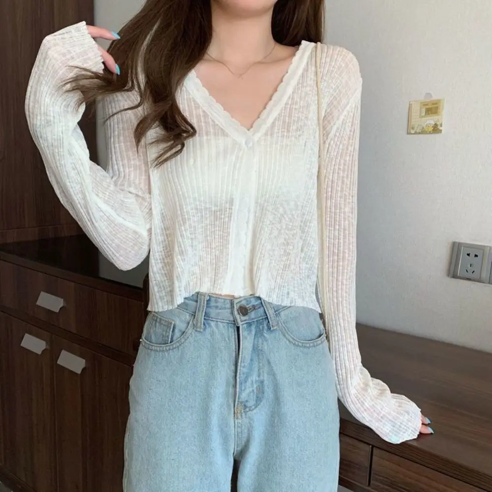 Fashion Lace Long Sleeve Cardigan See Through V-neck Slim Crochet Cardigan French Style Button Shirts for Women Travel