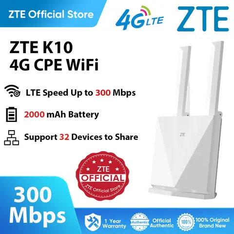 ZTE K10 4G CPE 300Mbps Wireless WiFi Router 2000 mAh Battery Card-free WIFI Range Extender 32 Users to Share Home & Office