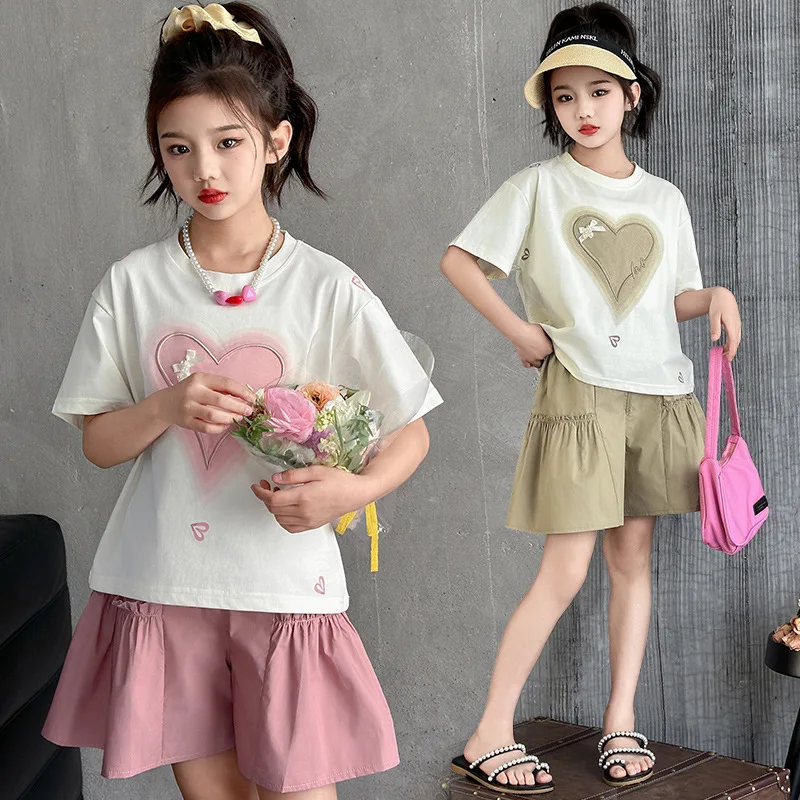 Summer Girls Heart T-Shirt + Khaki Shorts Set Child Short Sleeve Top and Bottom Clothes Set 2Pcs Korean Kids Suit 5 7 9 11 13 14