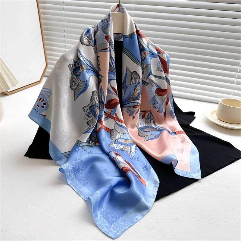 90*90cm Luxury Brand Twill Silk Large Scarf Women Fashion Belt Pattern Satin Square Female Design Handkerchief Bandanna Foulard