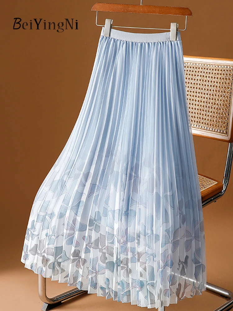 Beiyingni Floral Printed Casual Pleated Mesh Midi Skirts for Woman 2024 Spring Summer Retro Preppy Kpop Cute Tulle Skirt Female