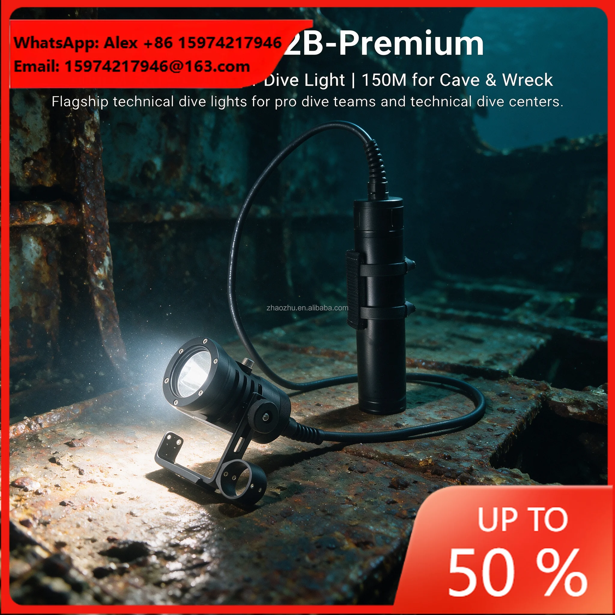PROZHAOZHU DL-D40-12B 6000LM Backmount Canister Dive Torch 150M IP68 Long Runtime Rechargeable Tech Dive Light For Cave Wrecking