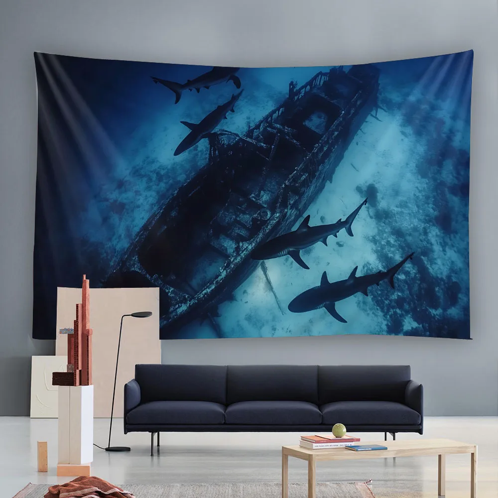 Retro Shark & Shipwreck Tapestry Wall Mounted Underwater Pirate Ship Background Cloth for Living Room Bedroom Home Decor