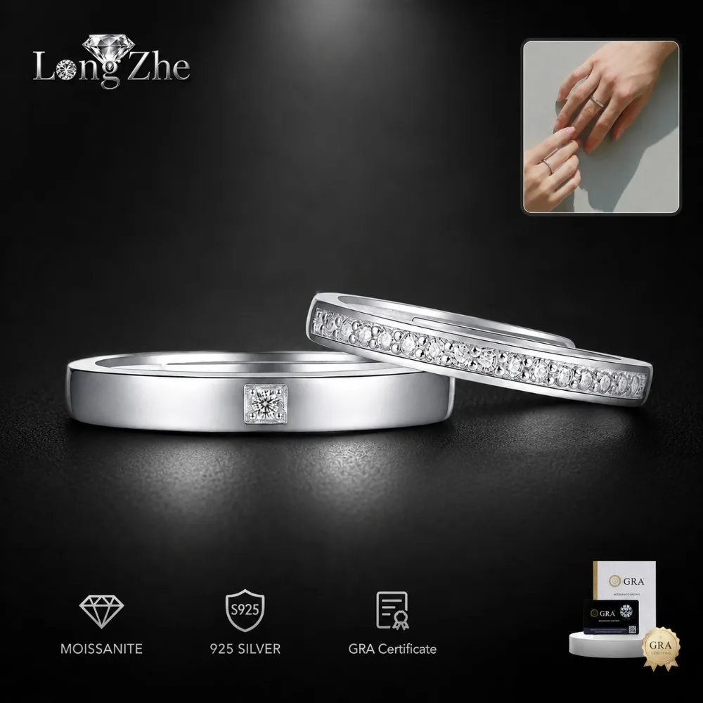 

S925 Sterling Silver Moissanite Couple Rings Set Adjustable Matching Promise Rings for Men & Women Valentine's Day Gift