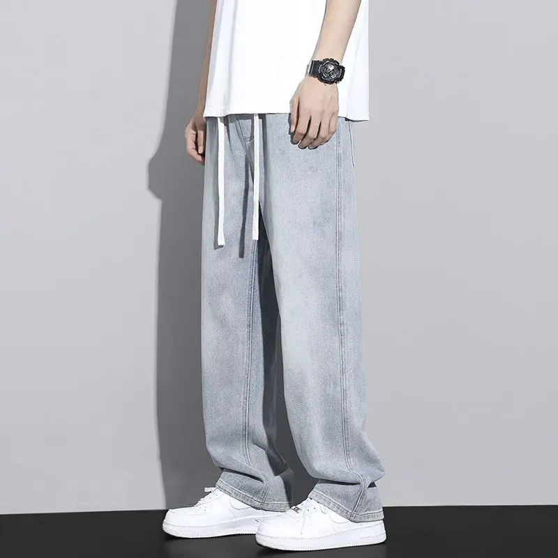 Men's Straight Leg Jeans American High Street High-quality Drawstring Design Daily Casual Loose Pants Washed Polished White view 3