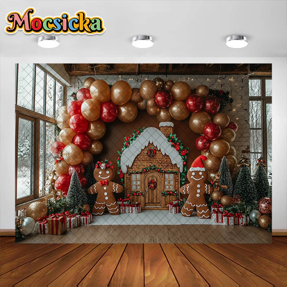 Fondo de fotografía de hombre de jengibre de dibujos animados arco de Navidad decoración de la casa de globos niños fiesta de vacaciones telón de fondo accesorios de estudio