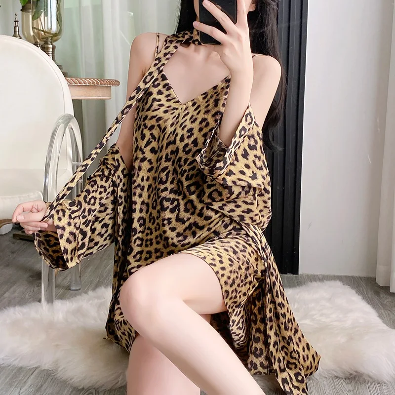 

Twinset Robe Gown Set Womens Leopard Print Kimono Bathrobe Nightgown Loungewear Summer Sleepwear Lady Satin Nightdress Homewear
