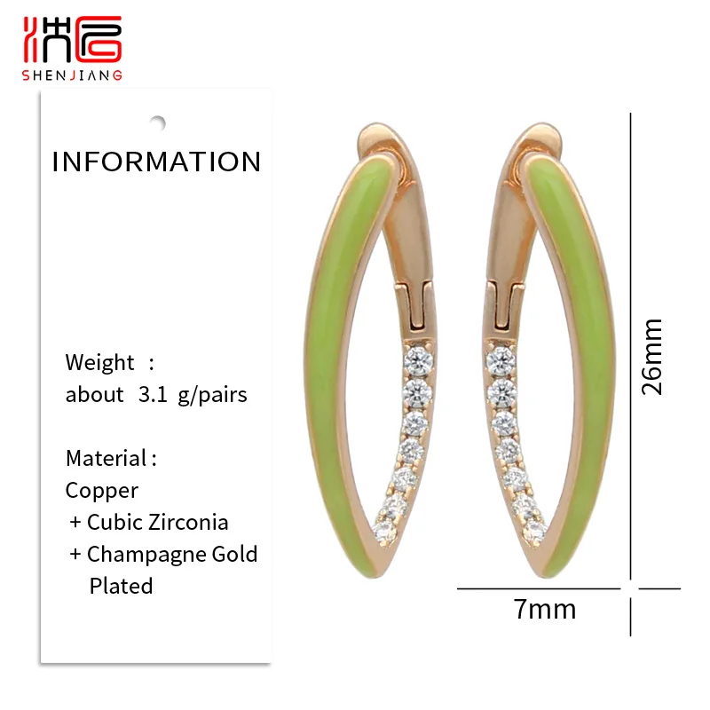 SHENJIANG New Fashion Green Enamel Drop Earrings For Women Girl Wedding 585 Rose Gold Color Jewelry Cubic Zirconia Eardrop