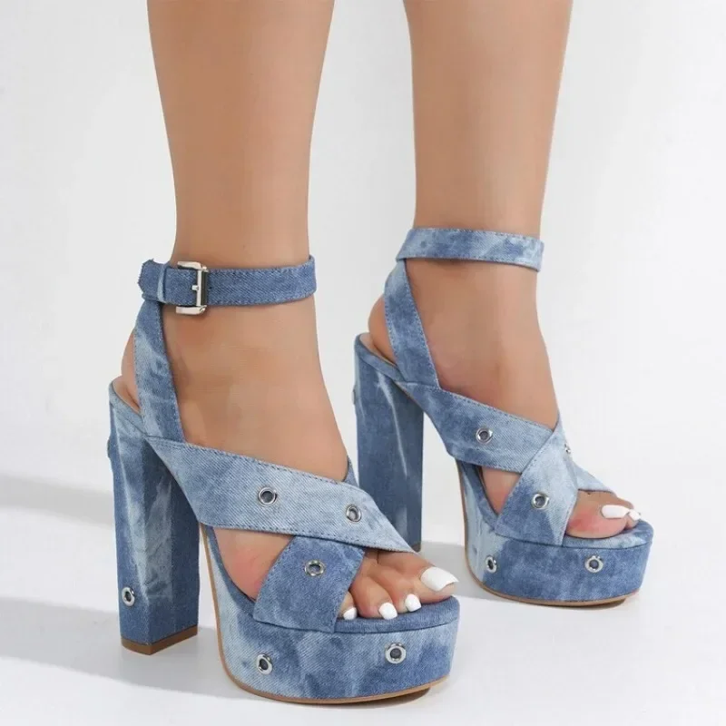 

Blue Denim Black Belt Buckle Fish Mouth Sandals Summer Women's Rivet Fashion Show Waterproof Platform High Heel Sandals Size 43