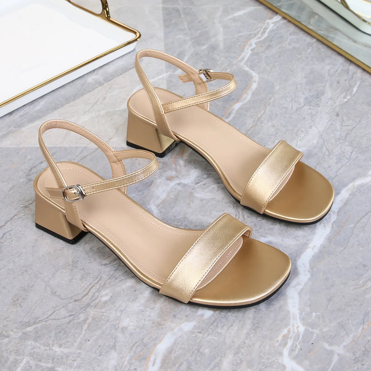 Sandals for Women Summer Fashion Soft Leather Chunky Sandals Round Head Open Anti-slip Wear-resistant High Heels Plus Size 44 image 4