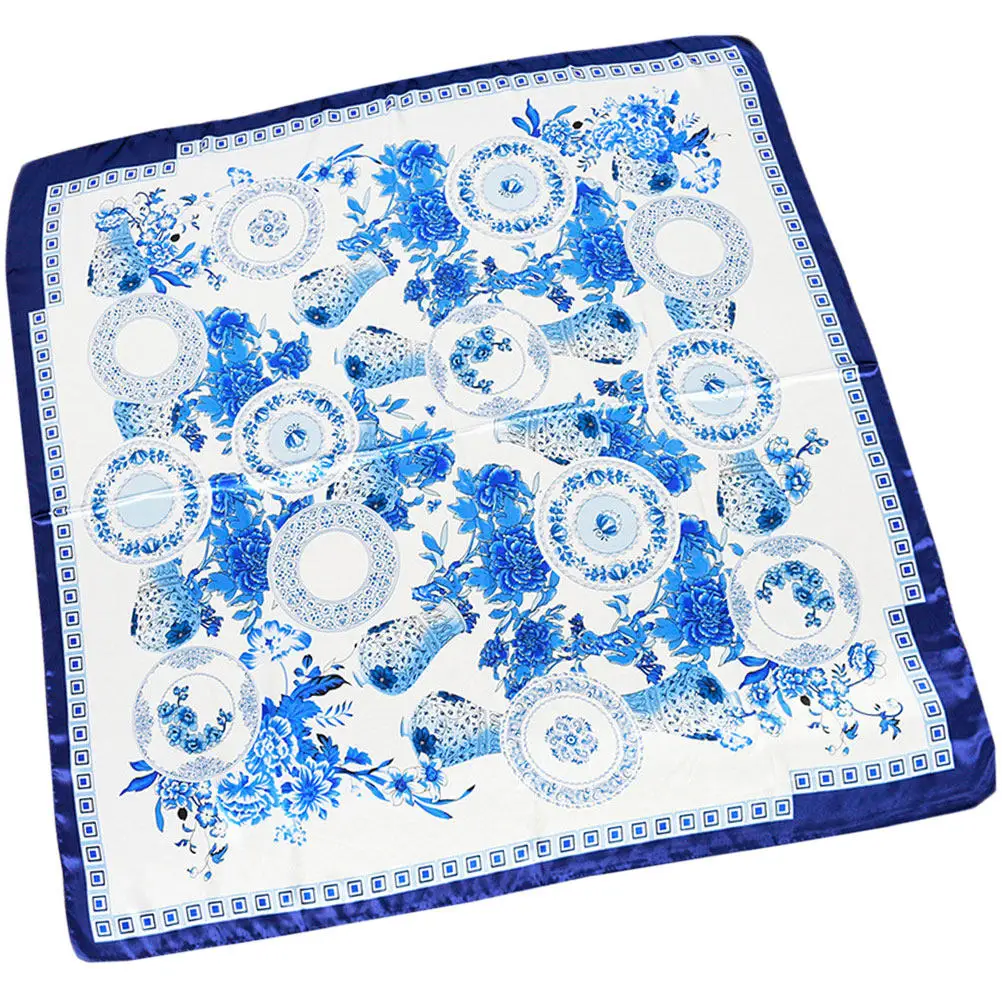 

1pc Blue White Porcelain Silk Scarf Satin Printed Peony Pattern Lightweight Shawl For Women Sun Protection Beach Travel