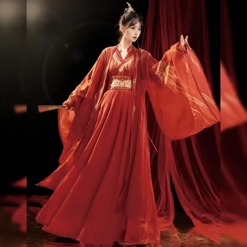 

Festive Red Hanfu Men Women Traditional Chinese Clothing Vintage Phoenix Feather Printing Suits Carnival Cosplay Costume Niche