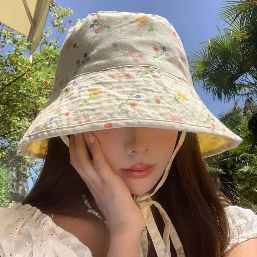 

Floral Print Panama Bucket Hats Double Sided Reversible Women Fisherman Hat Sun Protection Cute Sweet Summer Sun Hats Basin Caps