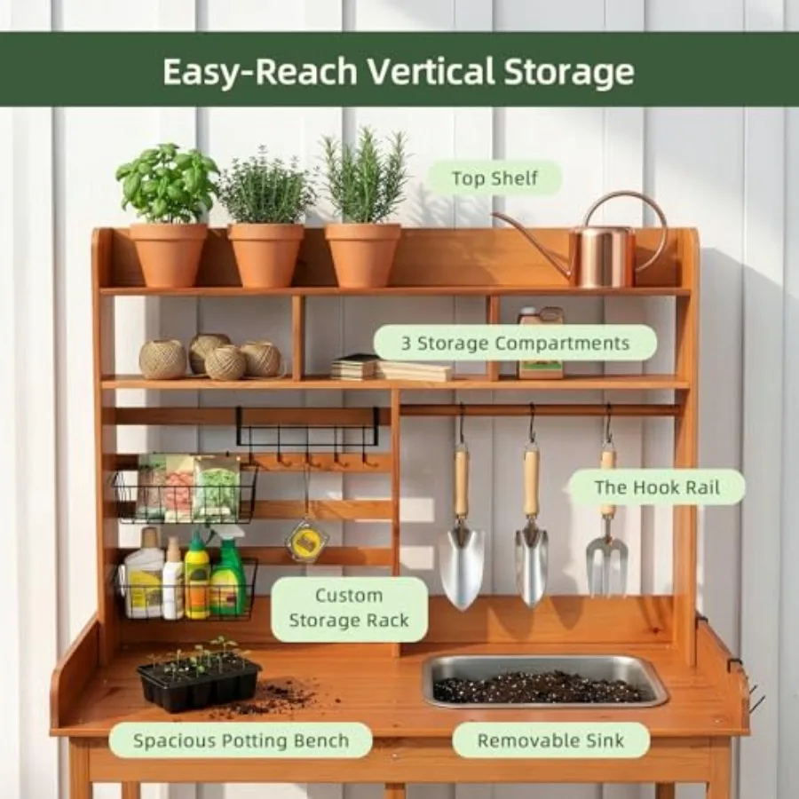 Potting Bench for Outdoor Patio Use, Made of Nordic Scots Pine Wood, Natural Color, Features Removable Sink and Functional Work