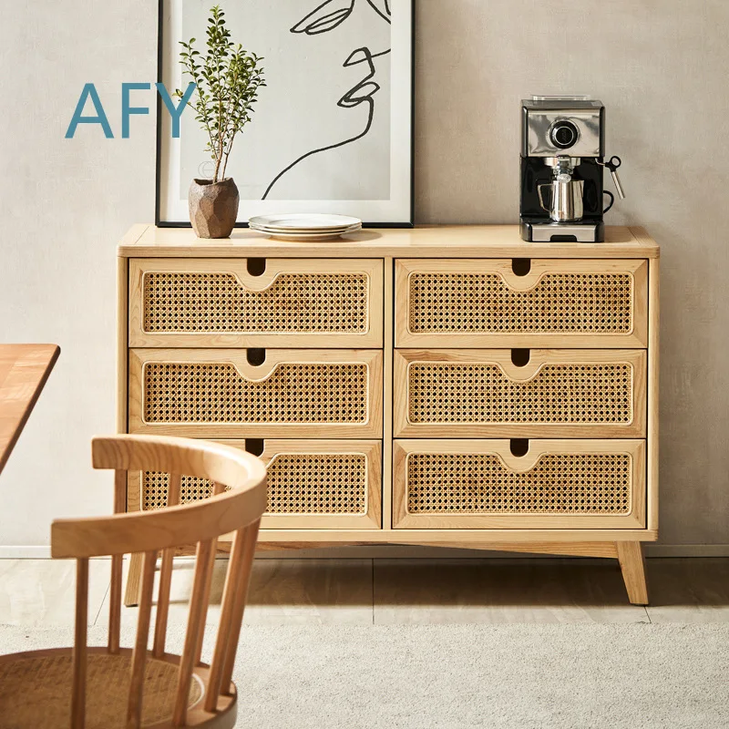 Nordic Solid Wood Wicker 4-Drawer Chest of Drawers for Living Room Bedroom Entryway Storage Cabinet Minimalist Modern