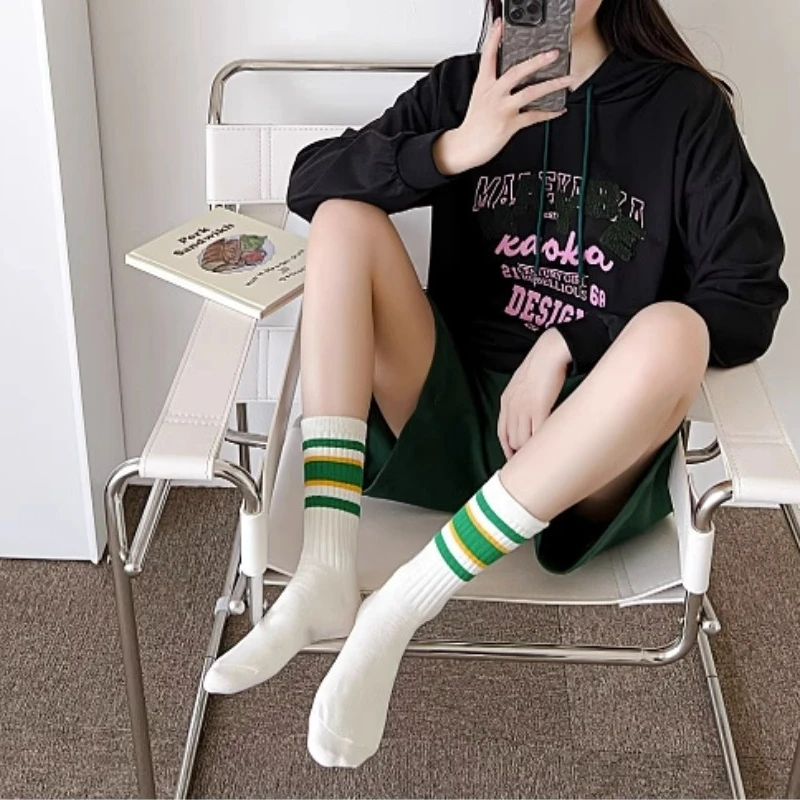 5 Double women and girls Spring and autumn mid-tube socks solid color figure preppy striped street sports cotton socks