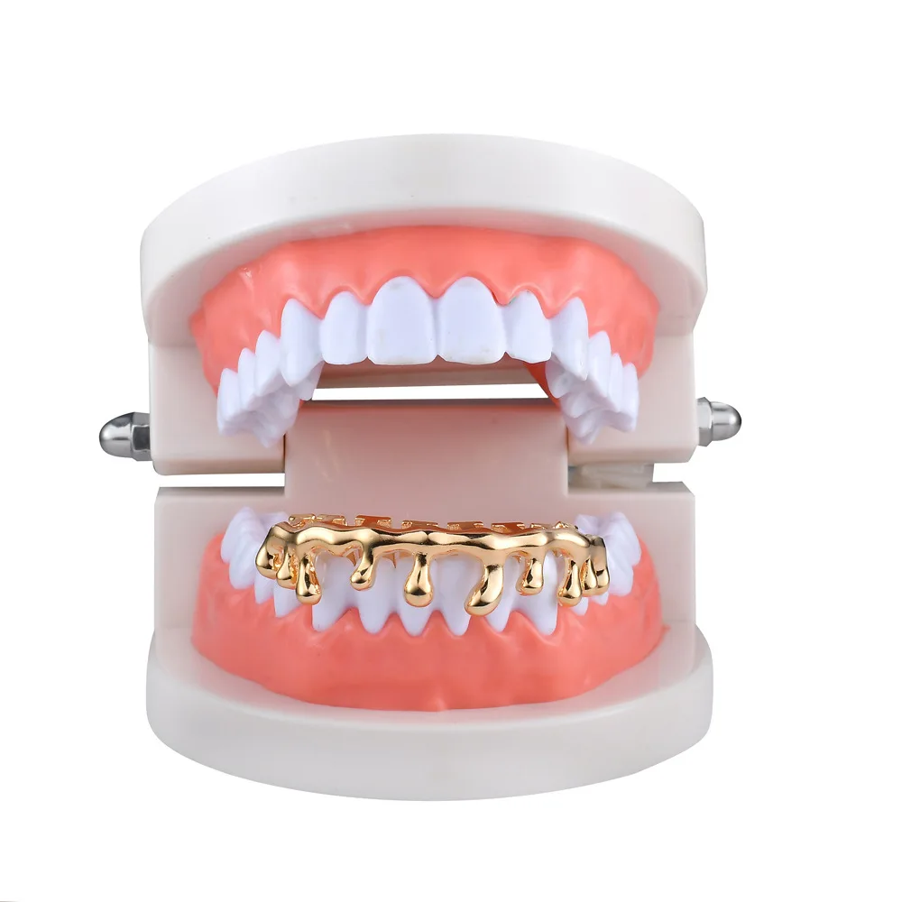 1pc Gold Color Plated HIP HOP Teeth Grillz Drop Flame Leaf Grill With Silicone Vampire Teeth Christmas Gift