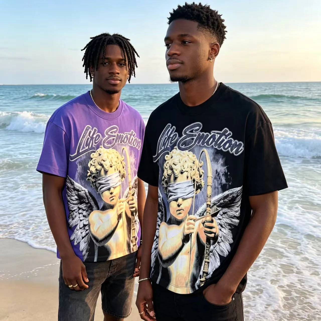 Rhinestone Angel Print T‑Shirt for Men Cotton Graphic Tee Retro Punk Urban Streetwear Summer Casual Clothes Short Sleeve Tops