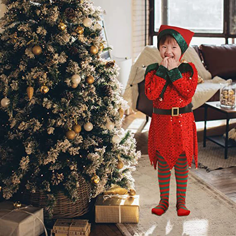 Fato de elfo de Natal infantil, lantejoulas cintilantes, ano novo, roupa de Natal, vestido extravagante de Papai Noel, presente para crianças, meninas, crianças