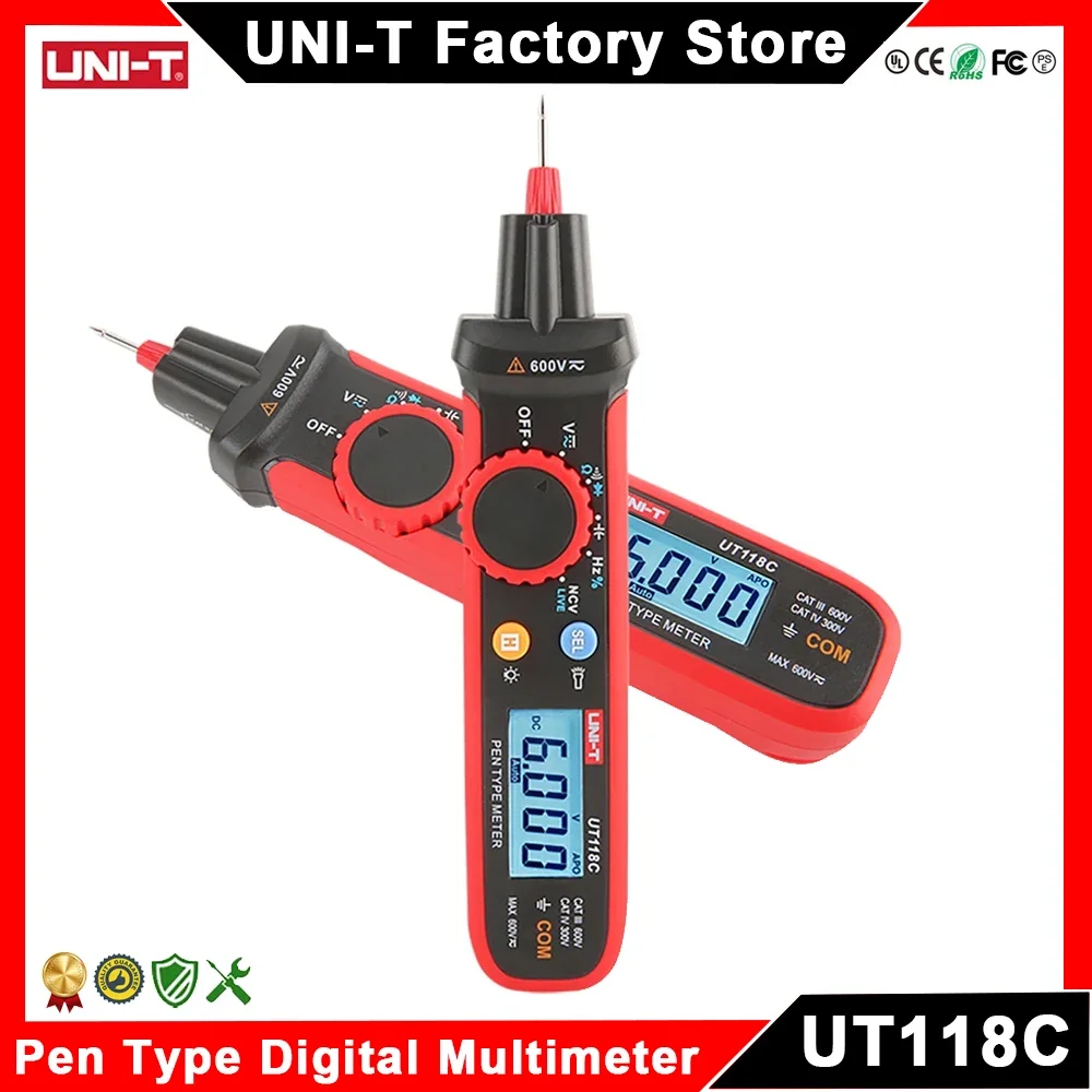 

UNI-T UT118C Digital Multimeter Pen Type Electric Tester AC DC Voltmeter Voltage Ohm Meter Capacitor Hz LIVE NCV Multitester