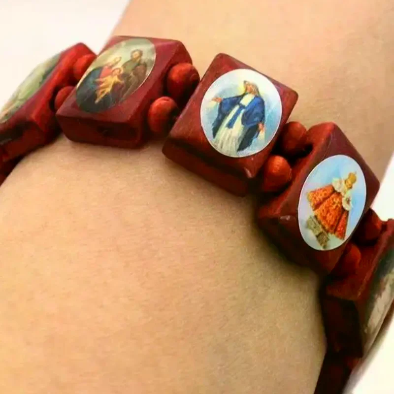 Bracelet chapelet en bois - Élégants autocollants d'icônes religieuses, finition émail goutte d'huile, bijoux de prière spirituels perlés pour usage dévotionnel