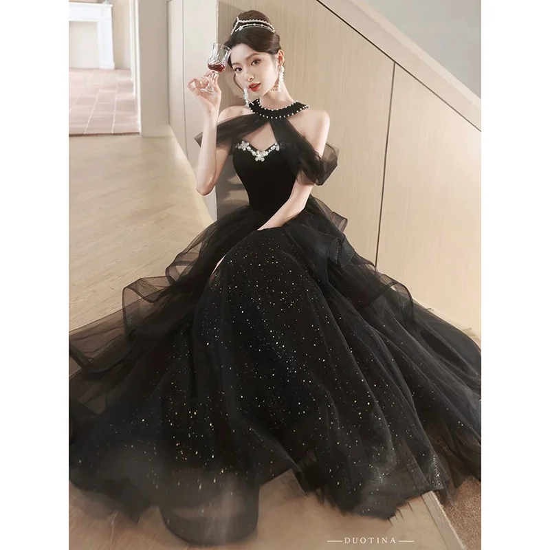

Black Halter Beaded Evening Dress 2025 New French Elegant Sleeveless Quinceanera Dresses Sweet Layered Floor-Length Prom Gown