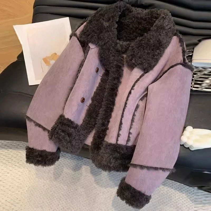 

2025 Winter Fall Women Clothing Fur Patchwork Yellow Blue Suede Jacket Coat , Woman Clothes Thick Warm Jackets Coats