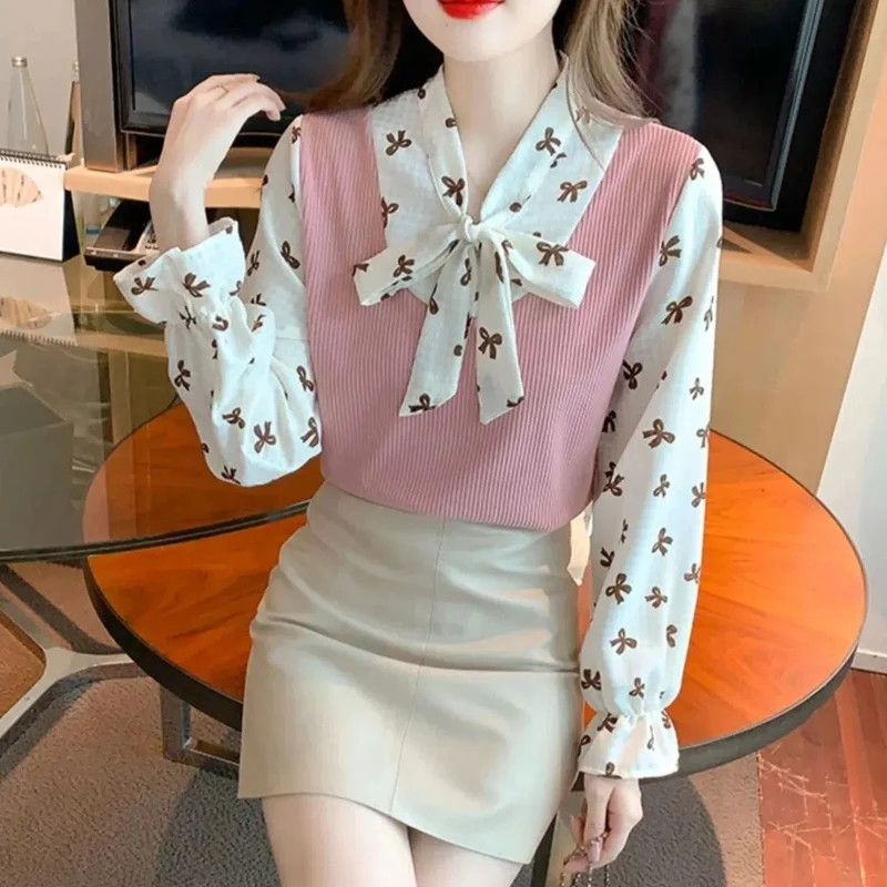 Spring Autumn Fake Two Pieces Blouse Women V-neck Fashion Long Sleeve Pullovers High Street Bow Patchwork Printing All-match Top