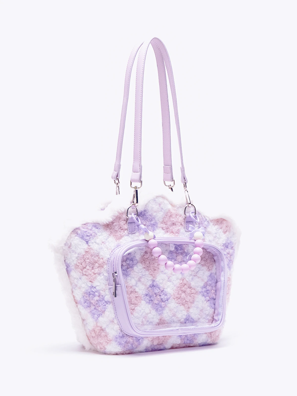 Purple Checked Shell Beaded Bags for Girls Plush Shoulder Crossbody Backpack Cute Tote Bag