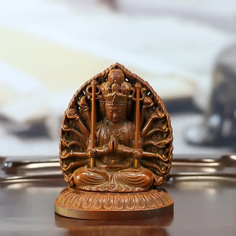 Hand Carved Wood Sitting thousand-hand guanyin goddess Statue Figurine Desktop Ornaments Home Decoration