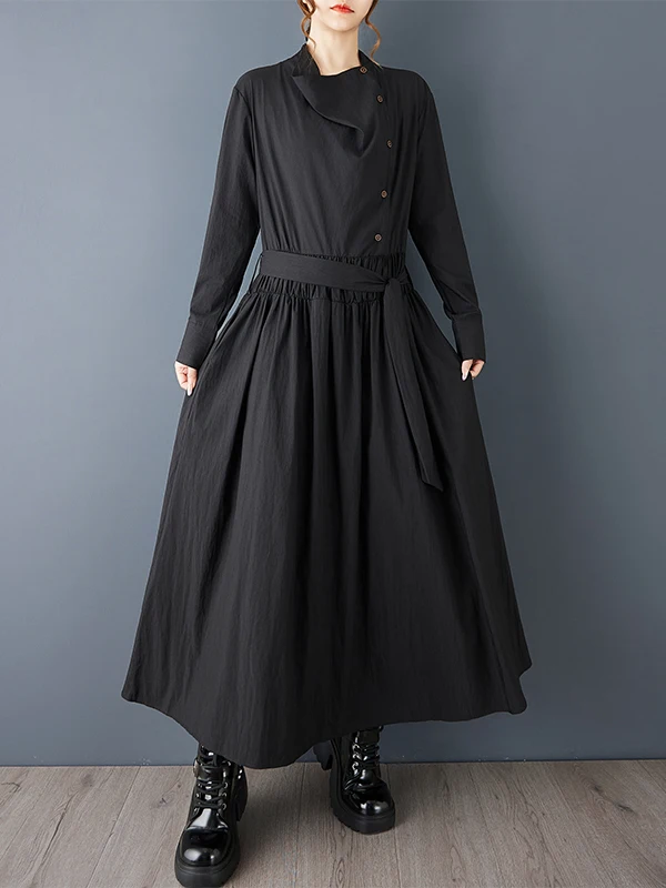 Ele تصميم فضفاض ربيع الخريف جديد Sle f ذوي الياقات العالية مطوي لصق منتصف طول التخسيس Dr Cotton irt Dr