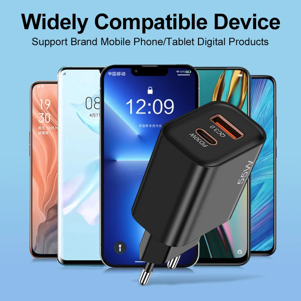 شاحن USB 55 وات من النوع C شحن سريع لهاتف iPhone Samsung Xiaomi Huawei USB C شاحن الهاتف المحمول PD محول شاحن سريع