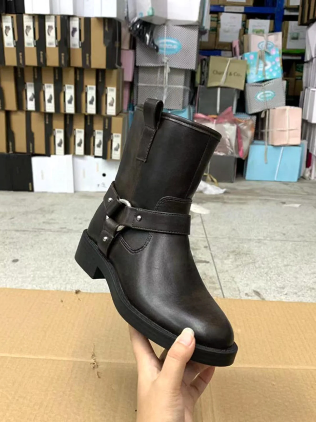 

Faionable round Toe Color Side Zipper Belt Bule ort Boots Casual Versatile Boots Spring Autumn PU Leather