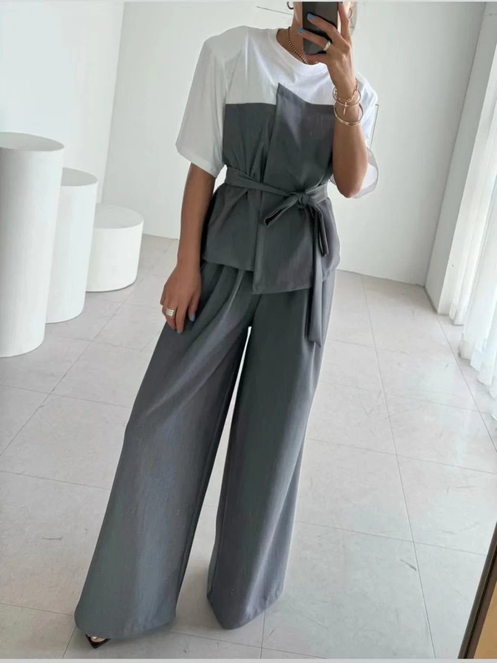 

Color Blo T-irt Top Women's Waist Cinched Elastic Waist Loose Straight Casual Pants Set Faionable Cotton Summer Outfit