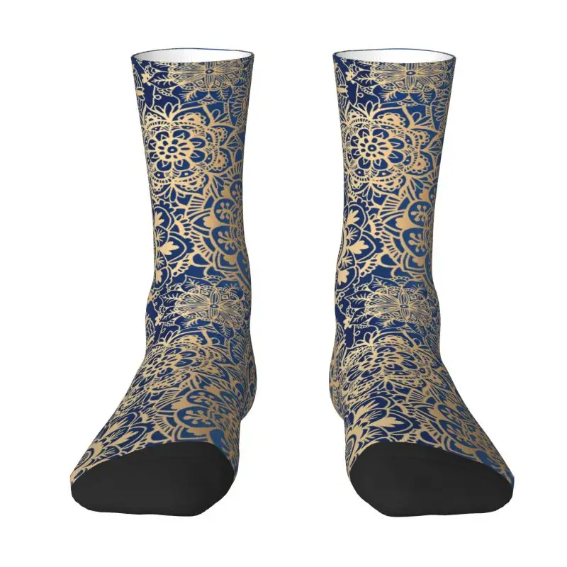 Kawaii Printed Blue And Gold Mandala Pattern Socks for Men Women Stretchy Summer Autumn Winter Buddhism Flower Crew Socks