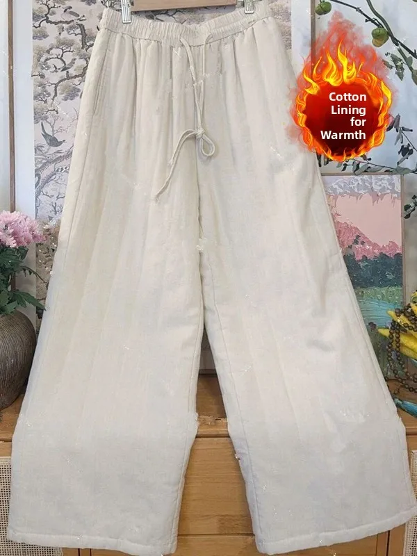 

Теплые хлопковые и льняные прямые широкие брюки, повседневные брюки с высокой талией для больших размеров, женские художественные брюки, осень-зима