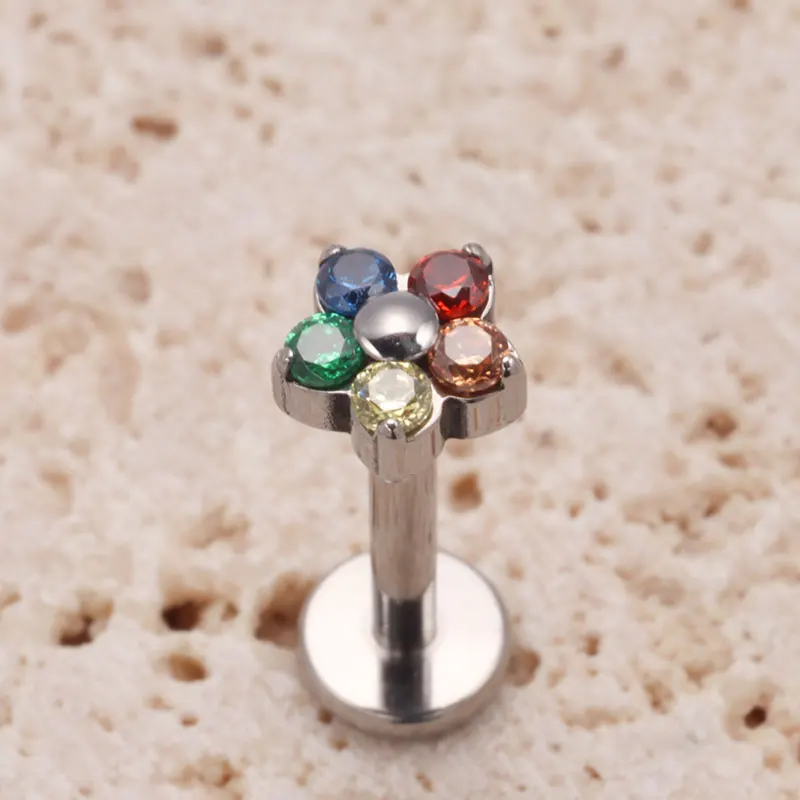 G23 Titanium Colorful Flower Lip Piercing Women 16G 18G Snowflake Heart CZ Tragus Cartilage Helix Conch Daith Earrings Piercing