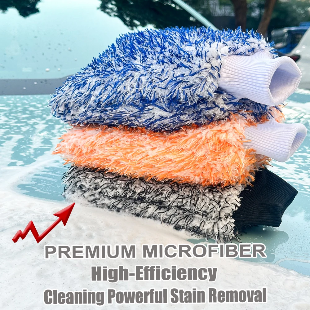 AUTOBRIGHT Snow Microfiber Car Wash Glove Extra Thick Blue Orange Black Double Side Gloves for Auto Cleaning Polishing Tools