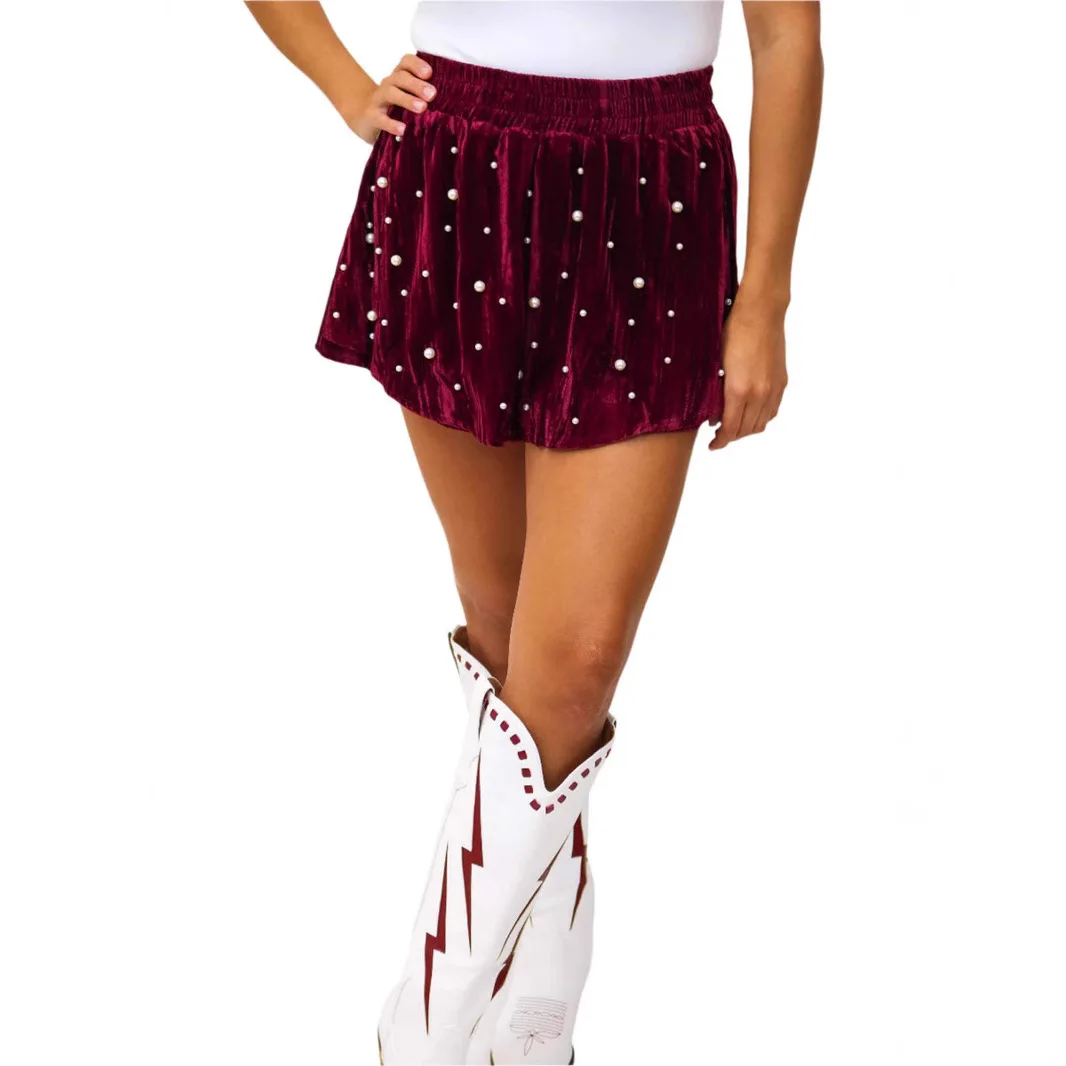 Mini Skirt Velvet Pearl Beaded Slimming Versatile Spring Summer Women Mini Skirts Skorts Gold Trendy Chic Elegant