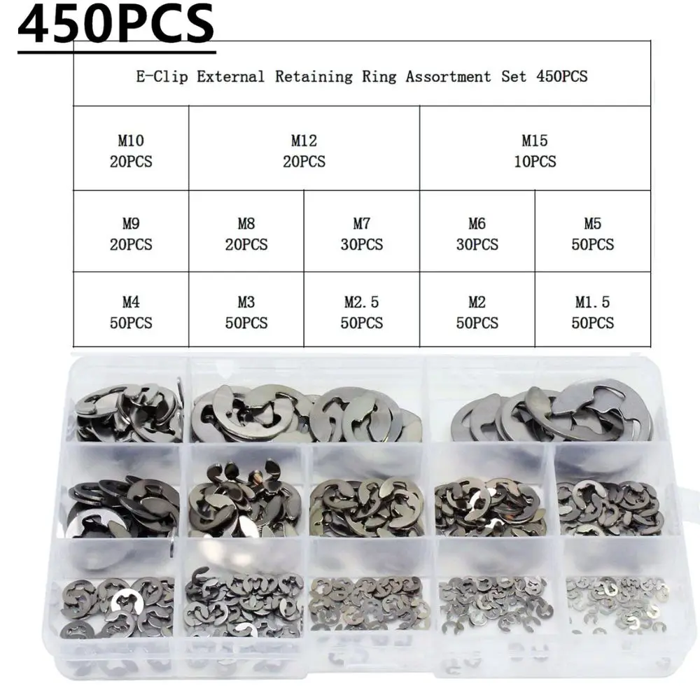 450PCS M1.5-M15 304 Stainless Steel Internal External Retaining Circlips Washers Snap Retaining Ring Circlip Assortment Kit