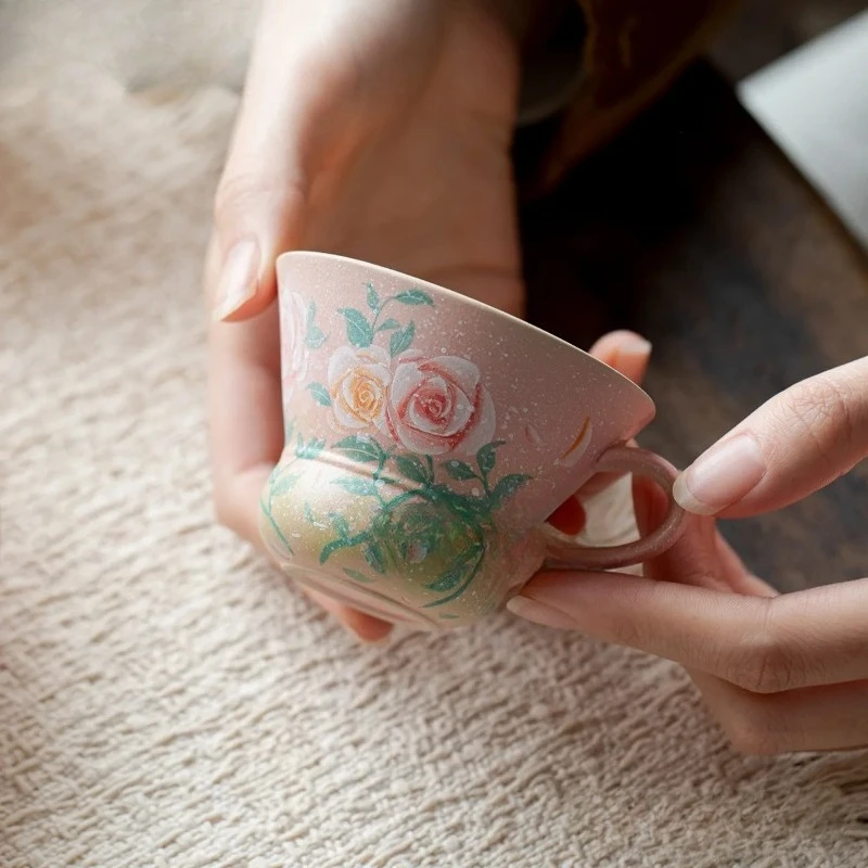 80ml Hand-painted Rose Teacup Retro Tea Bowl Beautiful Tea Cup Tea-tasting Meditation Cup Jianzhan Master Cups Teaware Supplies