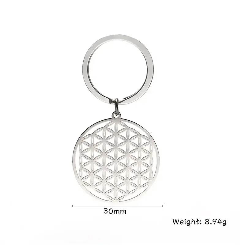 Stainless Steel Hollow Flower Of Life Pendant Keychain Key Chain Ancient Egyptian Mystical Jewelry