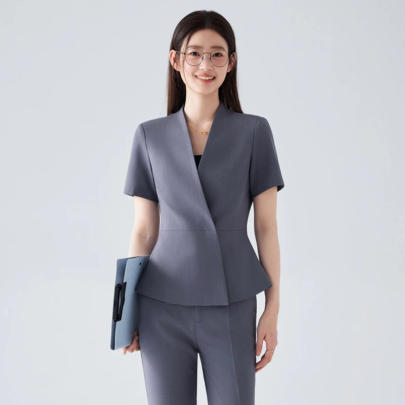 Women's summer thin professional suit, elegant gray suit, hotel front desk workwear, jewelry store and beauty salon work uniform