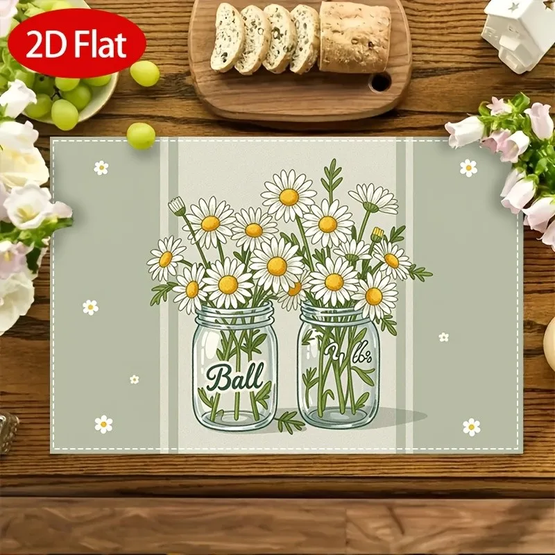 Mason Jar Daisy Printed Placemats,Heat Resistant Table Decor,Light Farm Kitchen Decor,Family Weekend Brunch Table Layout