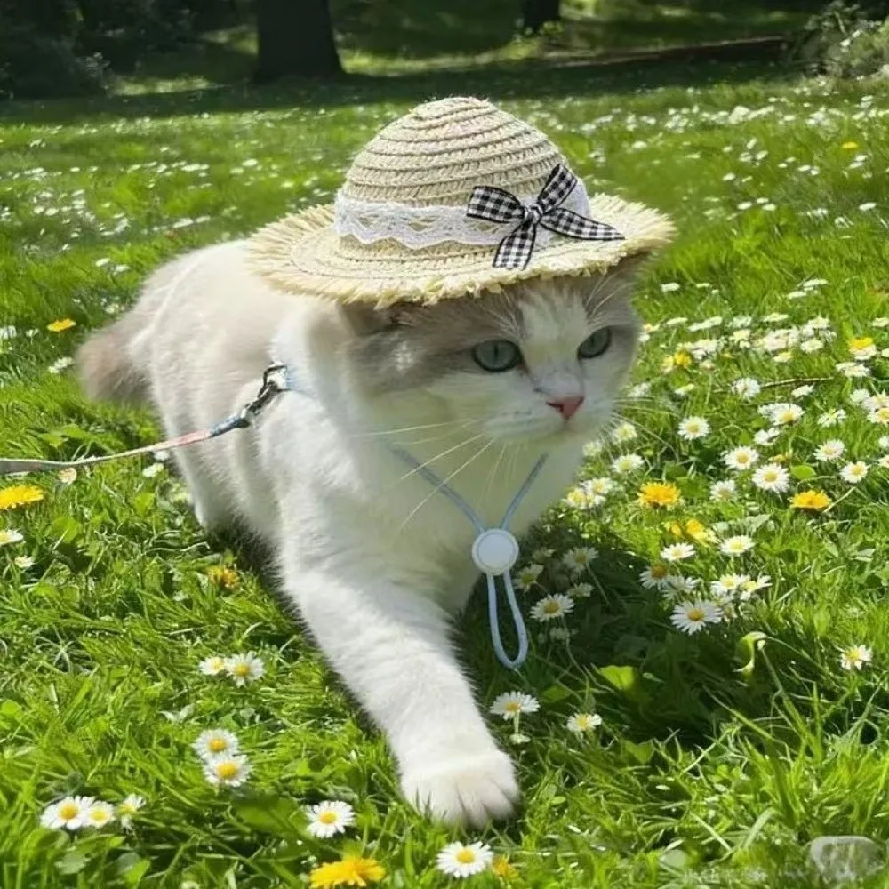 Cute Breathable Pet Lace Bow Hat Sun Protection Hand Knitting Pet Sunscreen Hat Adjustable Chin Strap Cat Straw Hat Outdoor Use