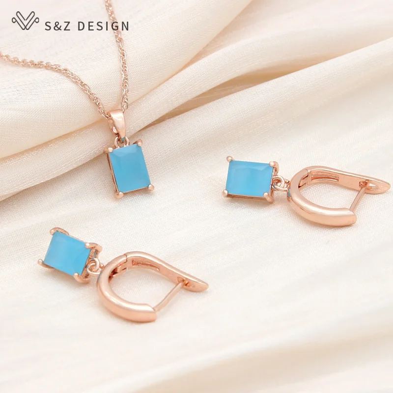 S&Z DESIGN New Fashion Rectangle Cubic Zirconia Drop Earrings Jewelry Sets For Women Elegant Wedding Pendant Necklace Gift