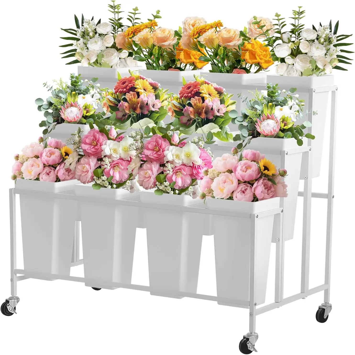 Tacleekii Flower Display Stand with 12 Buckets, Flower Cart 3 Layers White Metal Flower Bar Stand with Wheels, Moving Florist Bouquet Shelf for Weddings Florist Indoor Outdoor Patio Garden Living Room