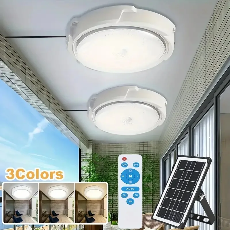 Solar Ceiling Light Remote Control 3 Color LED Indoor/Outdoor Lighting for Balcony Patio Garden Porch Living Room Bedroom Lamp