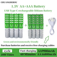 Aa/Aaa Rechargeable Battery 1.5V Type-C Fast Charge 9900Mah+6800Mah Large Capacity Suitable for Remote Control/Toy/Camera/Mouse, Rechargeable 2000 Times + Super Long Battery Life
